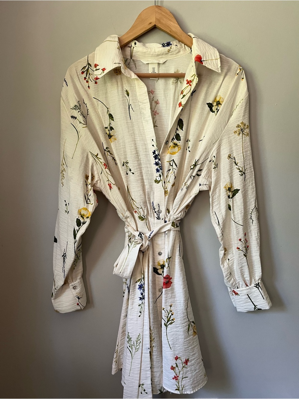 Cream Floral Tie-Waist Button Shirt Dress